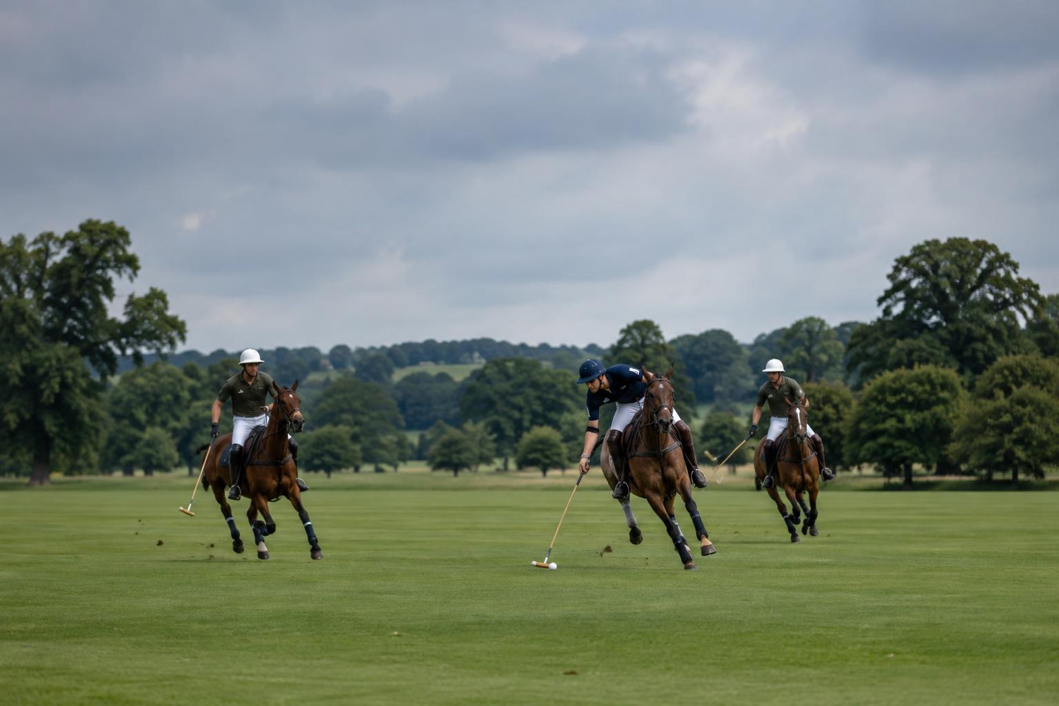 Polo players riding across a green field during a match